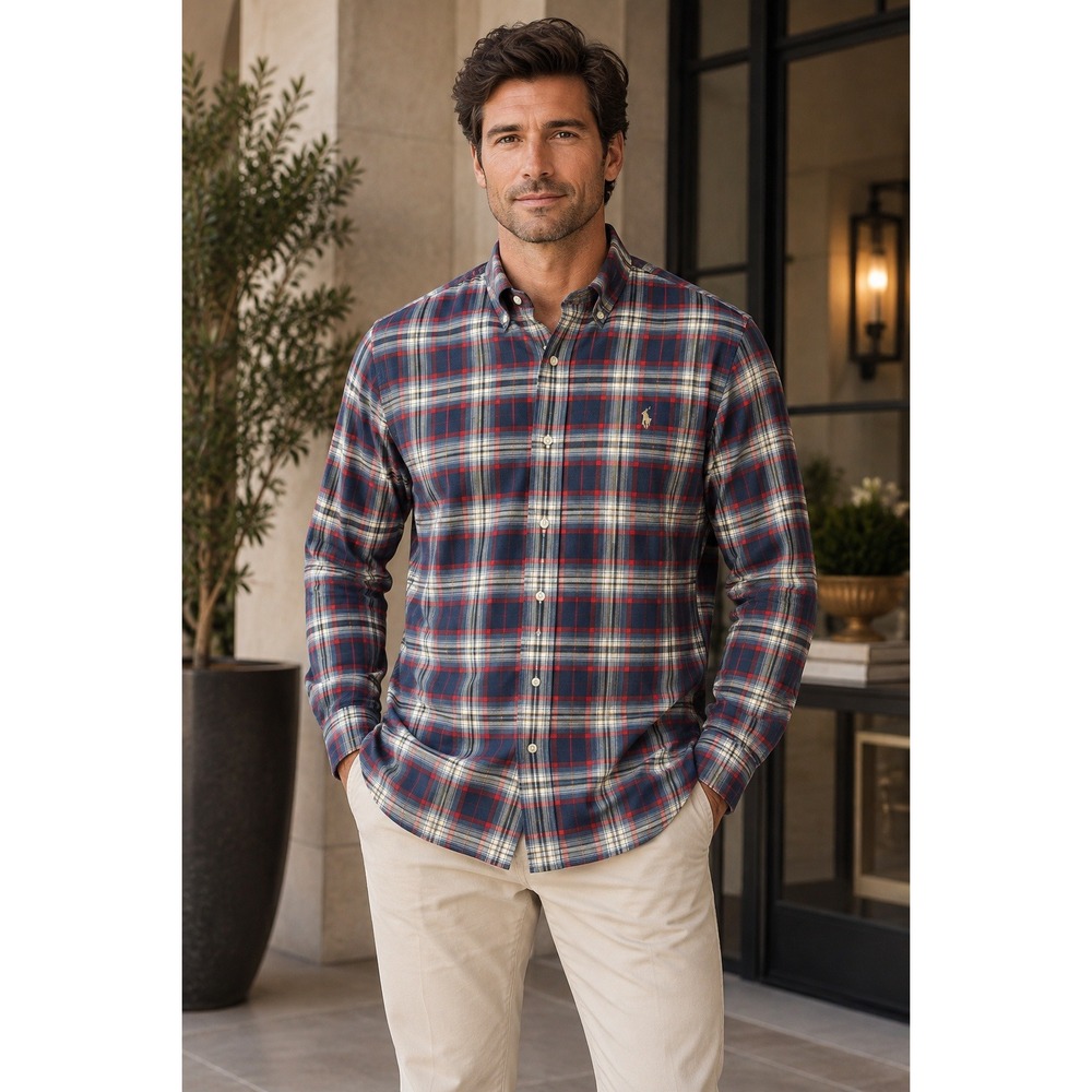 Polo Ralph Lauren Mens XXL Classic Fit Plaid Button Down Shirt Navy Red Cotton
